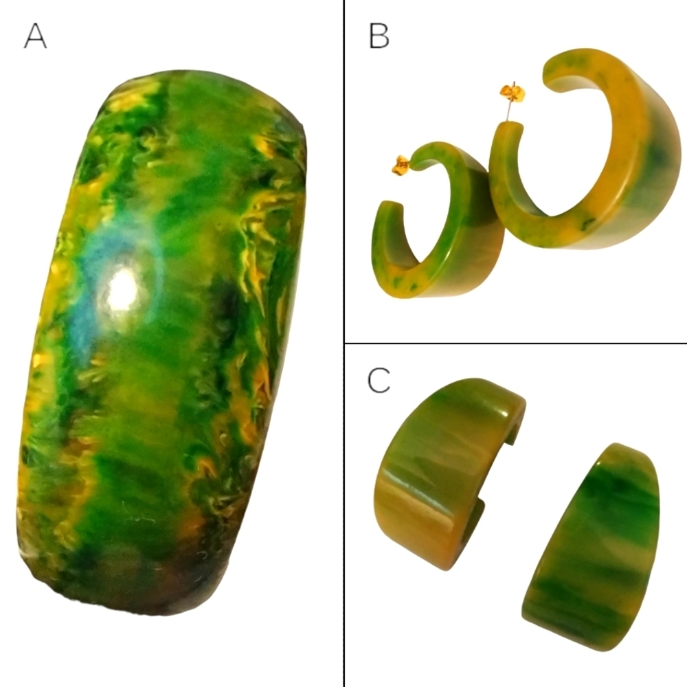 BAKELITE End of Day Marbled Bracelet & Earrings Green, Gold, Black Vintage Set
